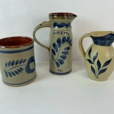 Three Blue and Gray Stoneware Pitchers and Crock