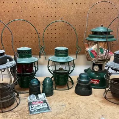Vintage Railroad Lanterns, Coleman Lantern and Glass Insulators