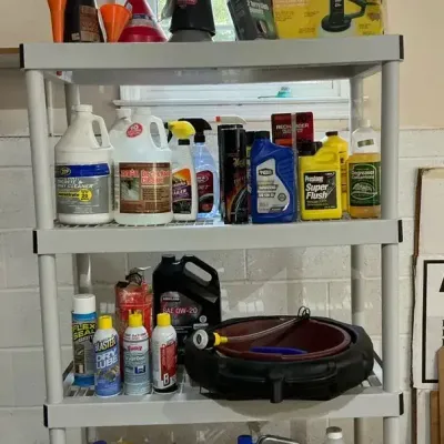 Garage Storage Shelving with Automotive Fluids and Supplies