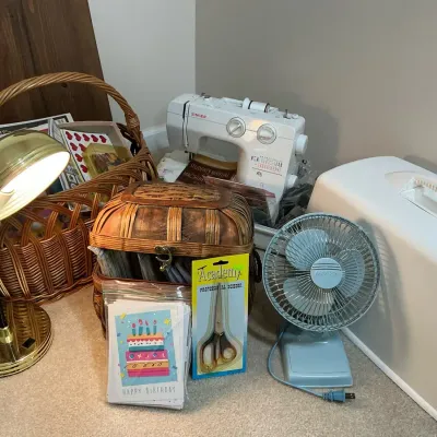 Singer Sewing Machine, Wicker Baskets and Household Items
