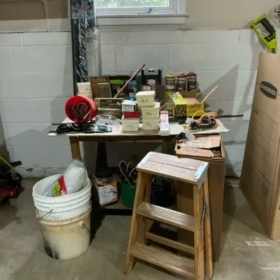 Garage Workbench, Step Stool and Hardware Supplies