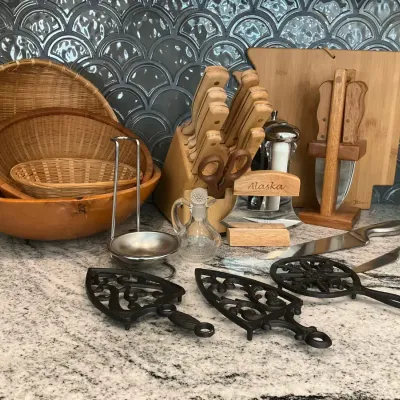 Kitchen Knives, Cutting Boards, Baskets and Cooking Accessories