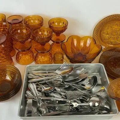 Amber Glass Dinnerware and Flatware