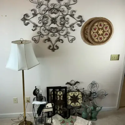 Metal Wall Art, Brass Floor Lamp and Home Décor