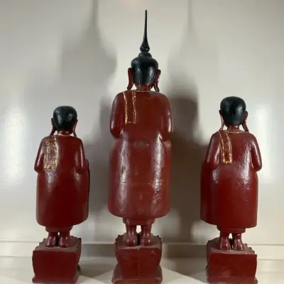 Set of Three Asian Standing Monk Figures Red & Gold with Offering Bowls