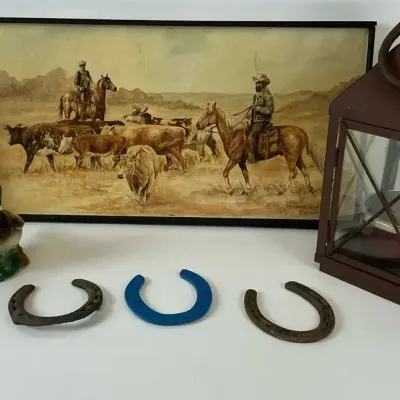 Western Cowboy Print, Lantern, Horseshoes and Duck Figurines