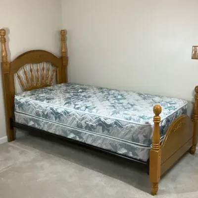 Wooden Twin Bed with Mattress and Box Spring by Simmons
