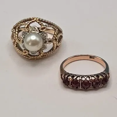 Vintage Gold Rings - 9k Gold Multi Stone Ruby & 18k Gold Pearl Ring