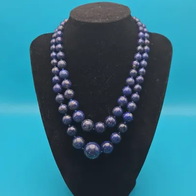 Chunky Lapis Lazuli Double Strand Necklace with 14k Gold Clasp