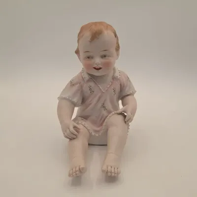 Antique Gebruder Heubach German Bisque Piano Baby in Pink Floral Outfit with Raised Beads