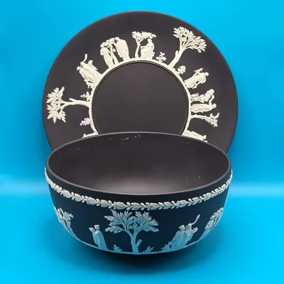 Vintage Wedgwood Black Jasperware Sacrifice Bowl and Plate, Made in England