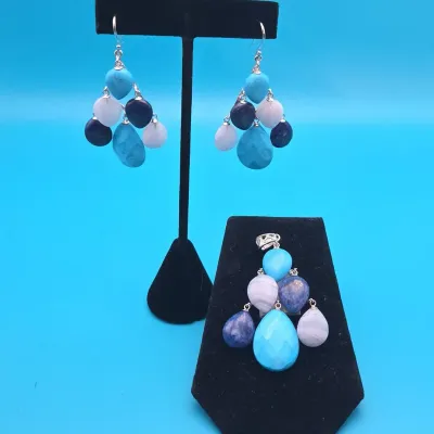 Sterling Silver Earrings with Matching Pendant Featuring Turquoise, Blue Lapis and Blue Lace Agate