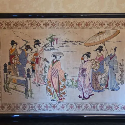Vintage Framed Geisha Scene - Embroidered Needle Craft Wall Hanging 