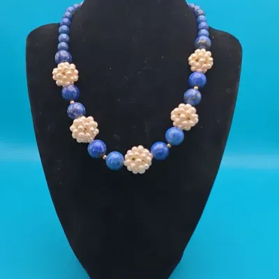 Vintage Zoe B Lapis and Seed Pearl Bead Necklace with 14k Gold Clasp
