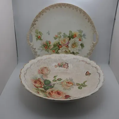 Vintage Floral Porcelain Bowl and Serving Plate