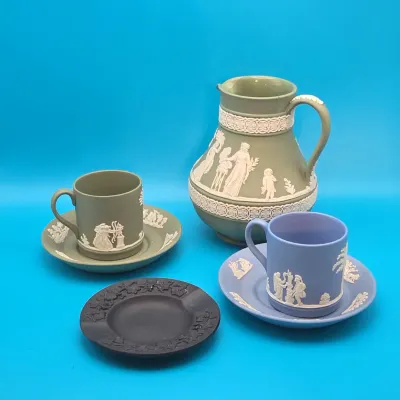 Vintage Wedgwood Jasperware, Lot of 6. Black Ashtray, Blue Cup, Saucer, Green Pitcher*, Cup, Saucer