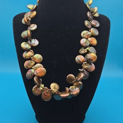 Double Strand Freshwater Coin Pearl Necklace with Iridescent Luster, 14k Gold Clasp 