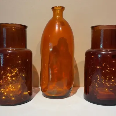 Trio Of Amber Glass Jar And Vases