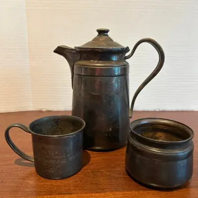 Antique Silver Soldered Coffee Pot And Cups