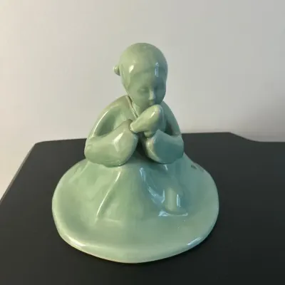 Vintage Celadon Ceramic Kneeling Woman Statue