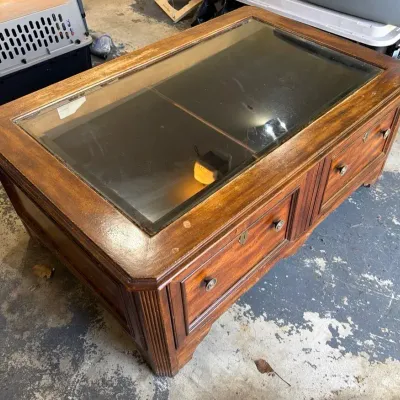 Wood & Glass Coffee Table With Brass Accents