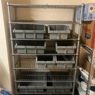 Metal Shelving W/Storage Bins (9)