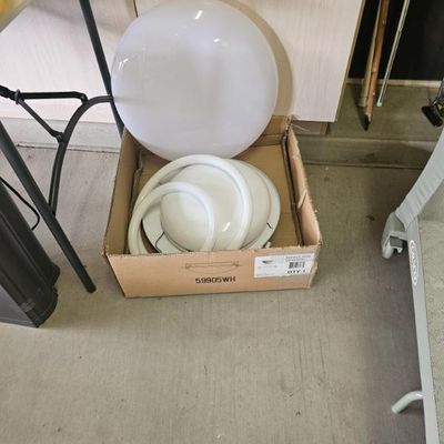 White dome flush mount ceiling light fixture, model 59905WH, shown disassembled in its original cardboard box.