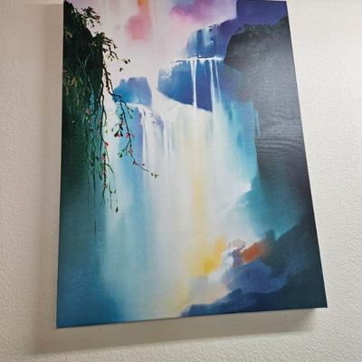 Contemporary unframed canvas print depicting a colorful, stylized waterfall scene with hanging vines.