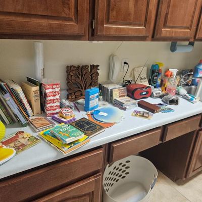 Assorted household items, children's books, CDs, cleaning supplies, and a small red radio 