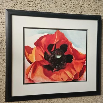 Framed print of Georgia O'Keeffe's "Red Poppy," presented in a black frame with a wide white mat.