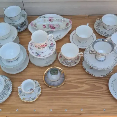 Vintage Teacups (paired with their respective saucers or plates) With 1 Matching Serving Platter