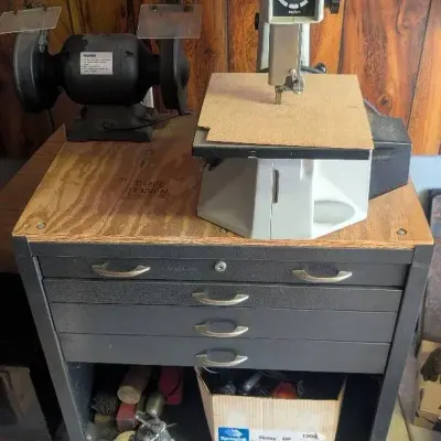 Vintage Band Saw, Bench Grinder, Rolling Storage, Assortment of Tools