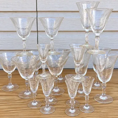 Vintage Etched clear glass stemware