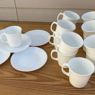 Vintage Corelle Corning Winter Frost White Mug & Saucer Set - 12 Mugs 5 Plates USA