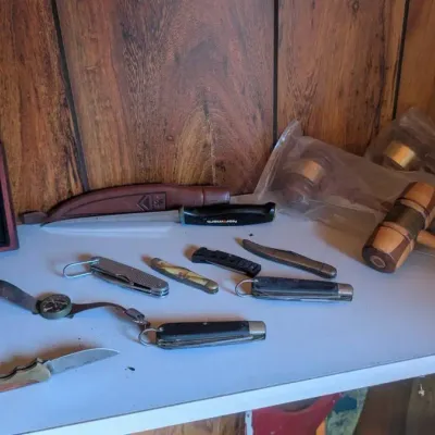 Variety of Vintage Pocket Knives, a Fixed-blade Fillet Knife, a Vintage Wrist Compass, Wooden Gavels