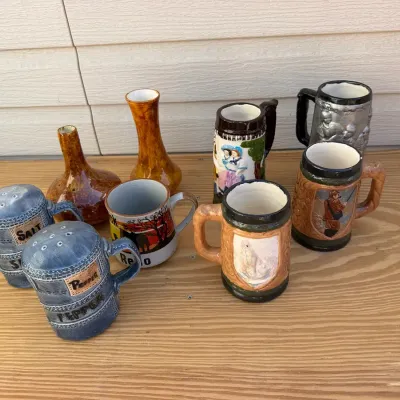 Vintage Ceramic Lot – Denim Jeans Salt & Pepper Shakers, German Beer Steins, Reno Mug & Pottery Vase
