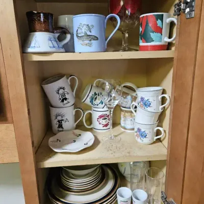 Variety of Mugs, Cups, Plates, and Glassware.