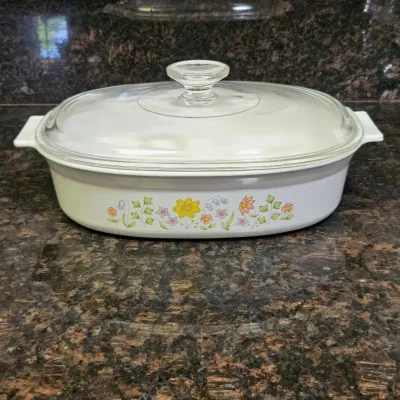 Vintage Corning Ware Spring Meadow 1.5 Qt Oval Casserole Dish with Pyrex Lid