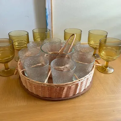Wicker Bar Set And Amber Goblets