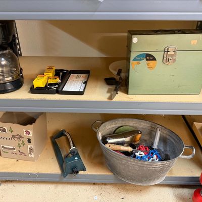 Lot 22: Multi-Item Miscellaneous Estate Lot: Garage Tools, Decor, Lamps, & Storage Rack