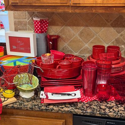 Lot 17: Massive Red-Themed Kitchen Estate Lot: Cookware, Glassware, Signs & Vintage Novelties