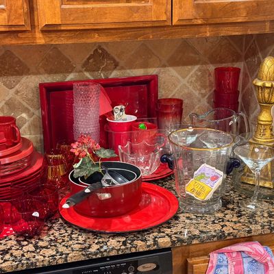 Lot 17: Massive Red-Themed Kitchen Estate Lot: Cookware, Glassware, Signs & Vintage Novelties