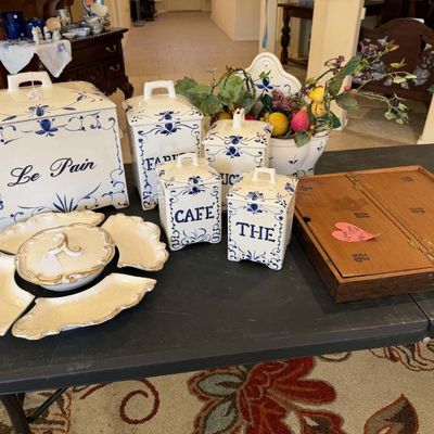 Lot 8: Vintage Jay Willfred by Andrea by Sadek blue and white French porcelain Canister set & Chess Set