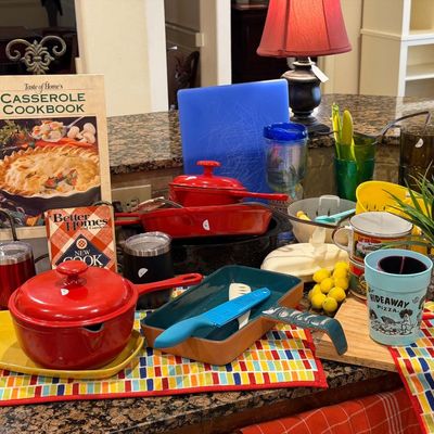 Lot 17: Massive Red-Themed Kitchen Estate Lot: Cookware, Glassware, Signs & Vintage Novelties