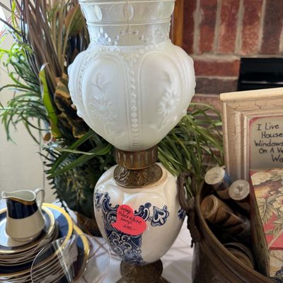 Lot 9: Silver Surfer Comic, Hurricane Lamp, Blue/White Dinnerware & Collectibles
