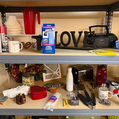 Lot 22: Multi-Item Miscellaneous Estate Lot: Garage Tools, Decor, Lamps, & Storage Rack