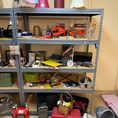 Lot 22: Multi-Item Miscellaneous Estate Lot: Garage Tools, Decor, Lamps, & Storage Rack