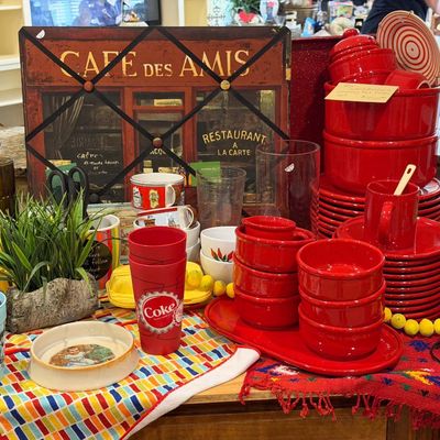 Lot 17: Massive Red-Themed Kitchen Estate Lot: Cookware, Glassware, Signs & Vintage Novelties