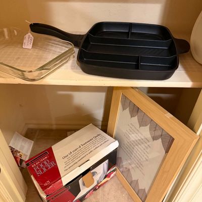 Lot 19: Pantry Contents Lot: Vintage CorningWare, Small Kitchen Appliances, & Decor