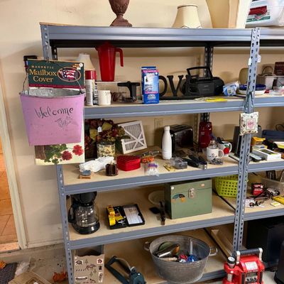 Lot 22: Multi-Item Miscellaneous Estate Lot: Garage Tools, Decor, Lamps, & Storage Rack
